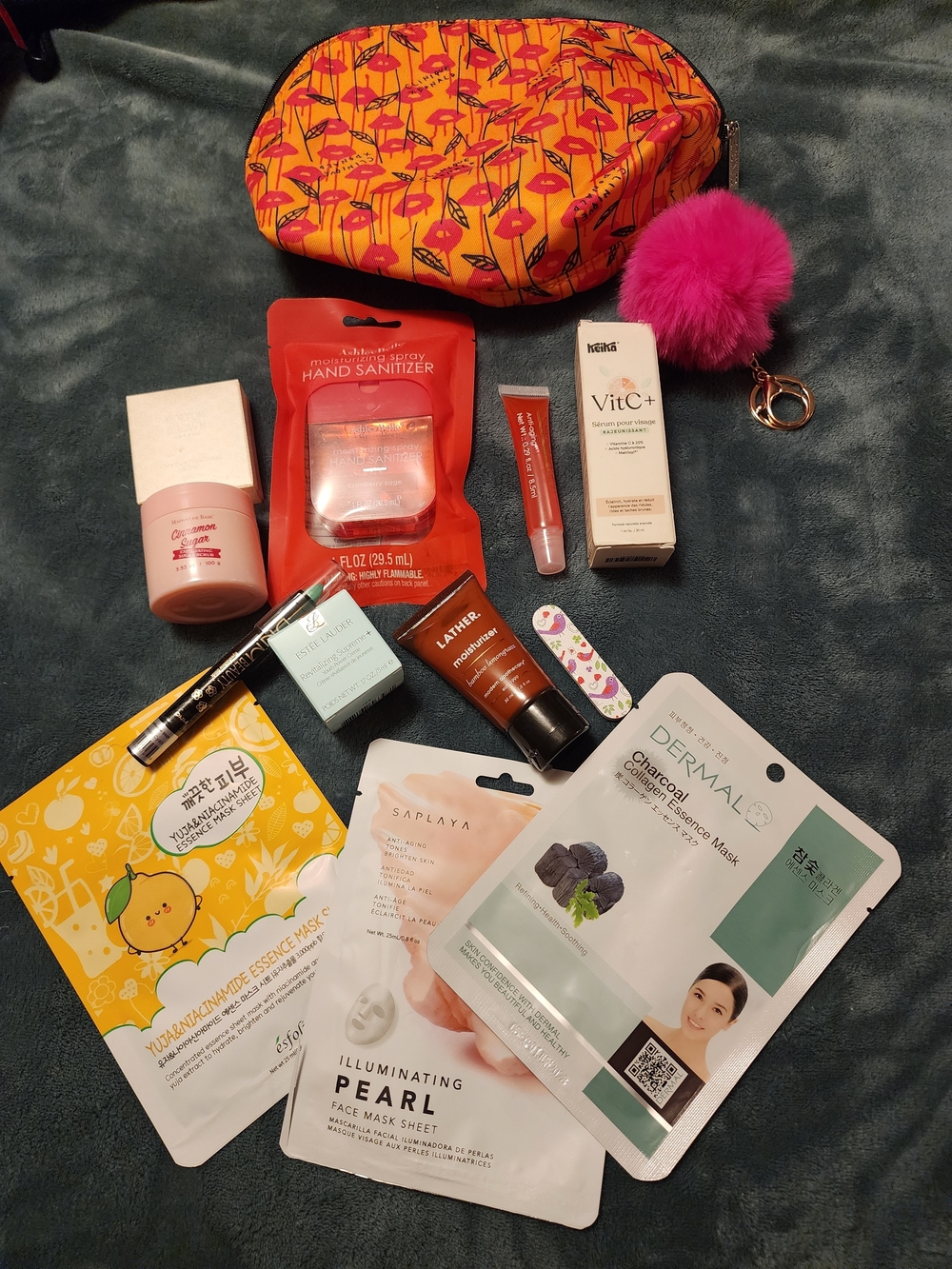 Orange & Pink Cosmetic Pouch with Pom Pom Keychain Beauty Bundle Over $75 Value